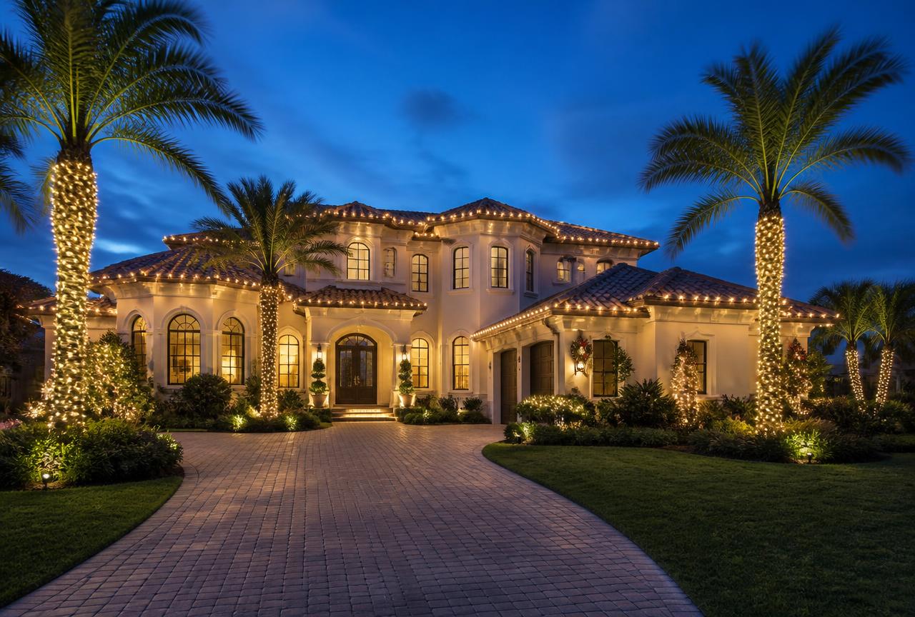 Florida home decorated with professionally installed Christmas lights at dusk